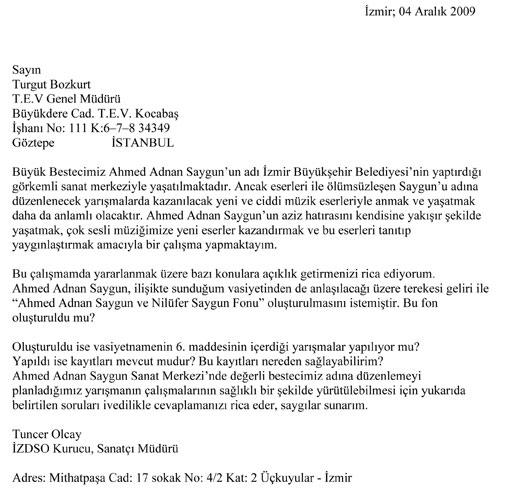 04.12.2009 - Tuncer Olcay'dan Turgut Bozkurt'a Mektup