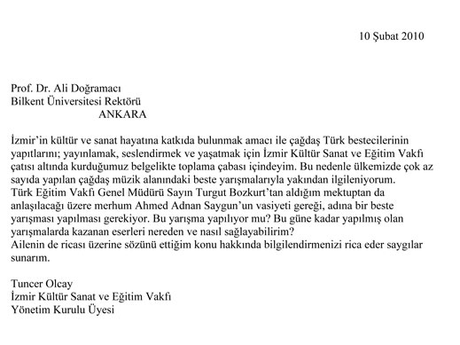 10.02.2010 / Tuncer Olcay'dan Ali Doğramacı'ya Mektup