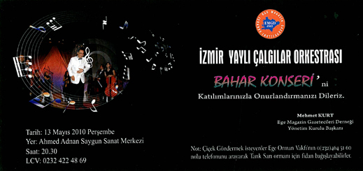 İzmir Yaylı Çalgılar Orkestrası Bahar Dinletisi Davetiyesi - 13.05.2010